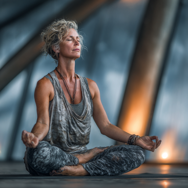 Літня жінка займається йогою на природі