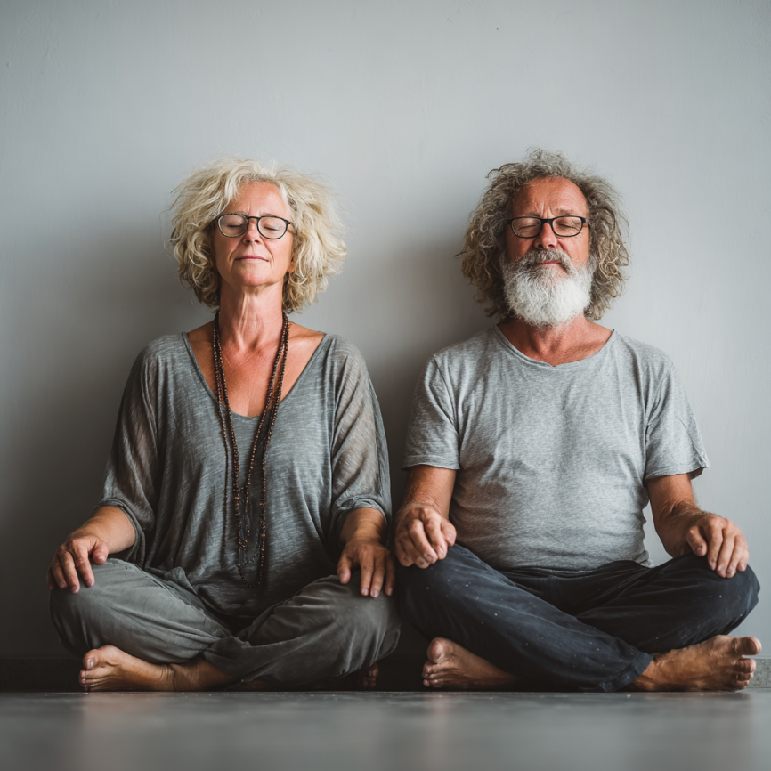 Літня жінка займається йогою на природі