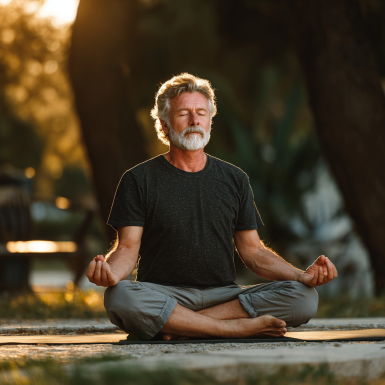 Група літніх людей займається йогою в парку